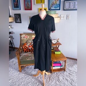 Vintage 1940s Dress I Black  l Linen | M L | 40s l WWII | Stripe Trim | Repairs